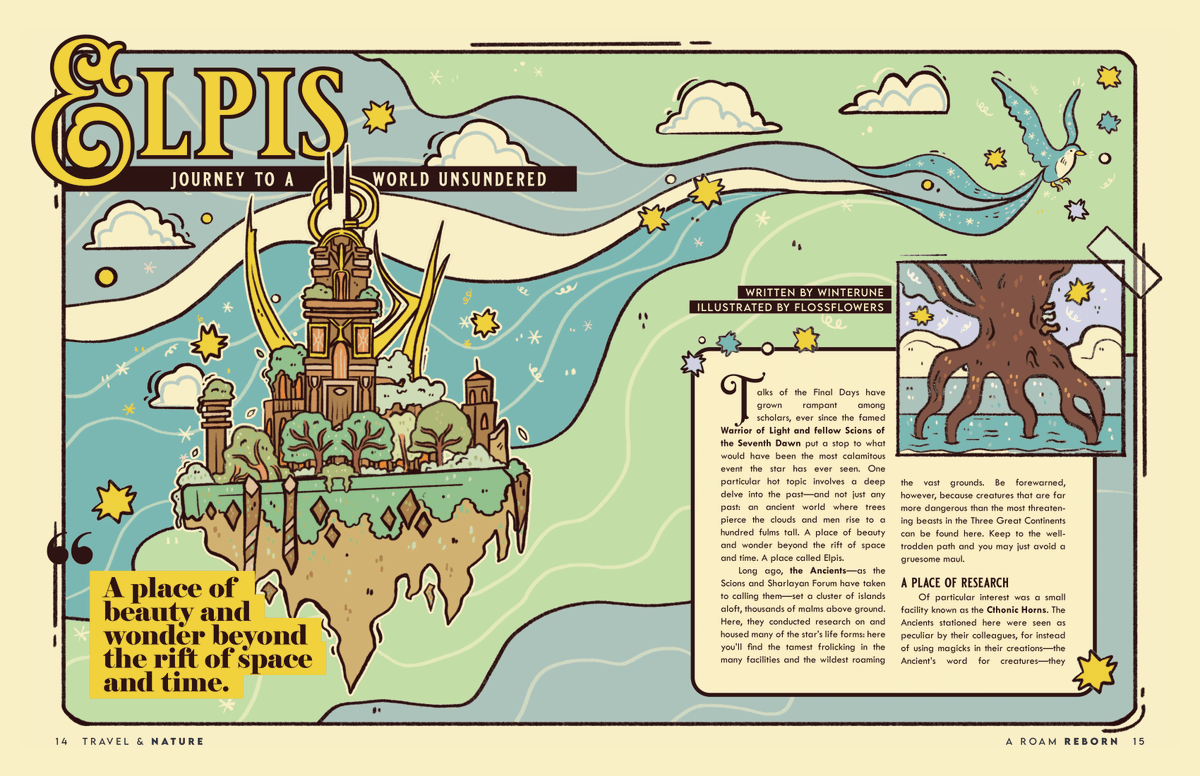 Flossflowers's tweet photo. Finally able to share the spread I did for @FFXIVTravelZine 🌻🌟
I was assigned Elpis, and had lots of fun playing with the colors and aesthetics of the world unsundered!
Copy by the wonderfully talented @wiinterune 
Formatting by @asunnydisposish https://t.co/nEKohtdOLj