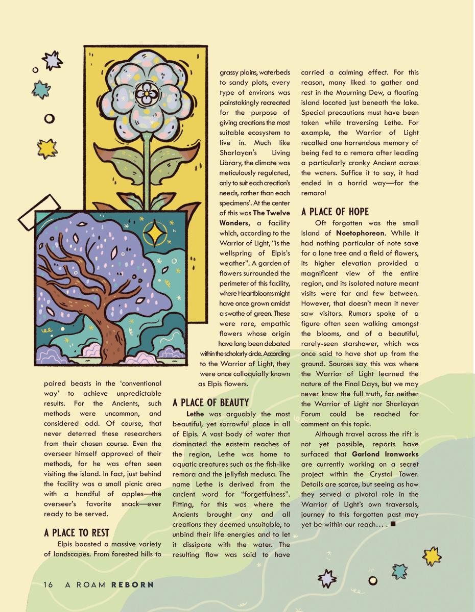 Flossflowers's tweet photo. Finally able to share the spread I did for @FFXIVTravelZine 🌻🌟
I was assigned Elpis, and had lots of fun playing with the colors and aesthetics of the world unsundered!
Copy by the wonderfully talented @wiinterune 
Formatting by @asunnydisposish https://t.co/nEKohtdOLj