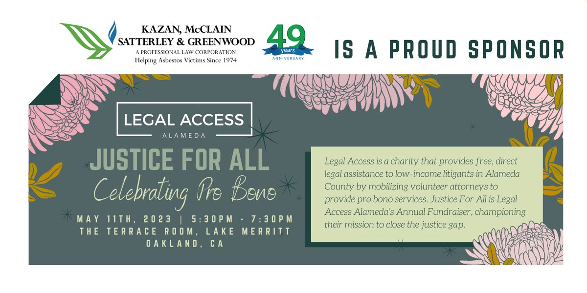 Kazan Law is a proud sponsor of Legal Access Alameda's Justice for All Event being held in Oakland, California on May 11, 2023. #kazanlaw