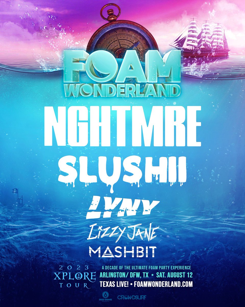 We are STOKED to announce the next rendition of Foam Wonderland Dallas featuring <a href="/NGHTMRE/">NGHTMRE</a>, <a href="/SlushiiMusic/">Slushii</a>, <a href="/lynyofficial/">LYNY</a> &amp; more on Aug 12th at Texas Live!🫧 

Tickets on sale Friday, 5/5 at 10am CT: hive.co/l/foam0812