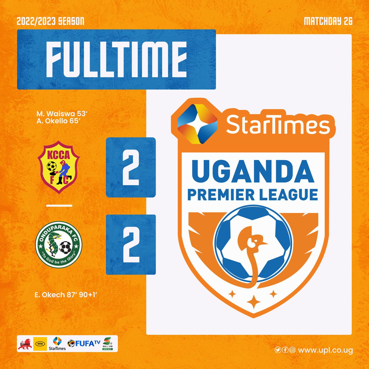 AishaPawaz's tweet image. FULLTIME!

KCCA FC 2-2 Onduparaka FC

⭐ Pilsner Man of the Match — Emmanuel Janan Okech (Onduparaka FC)

#StarTimesUPL | #KCCOND