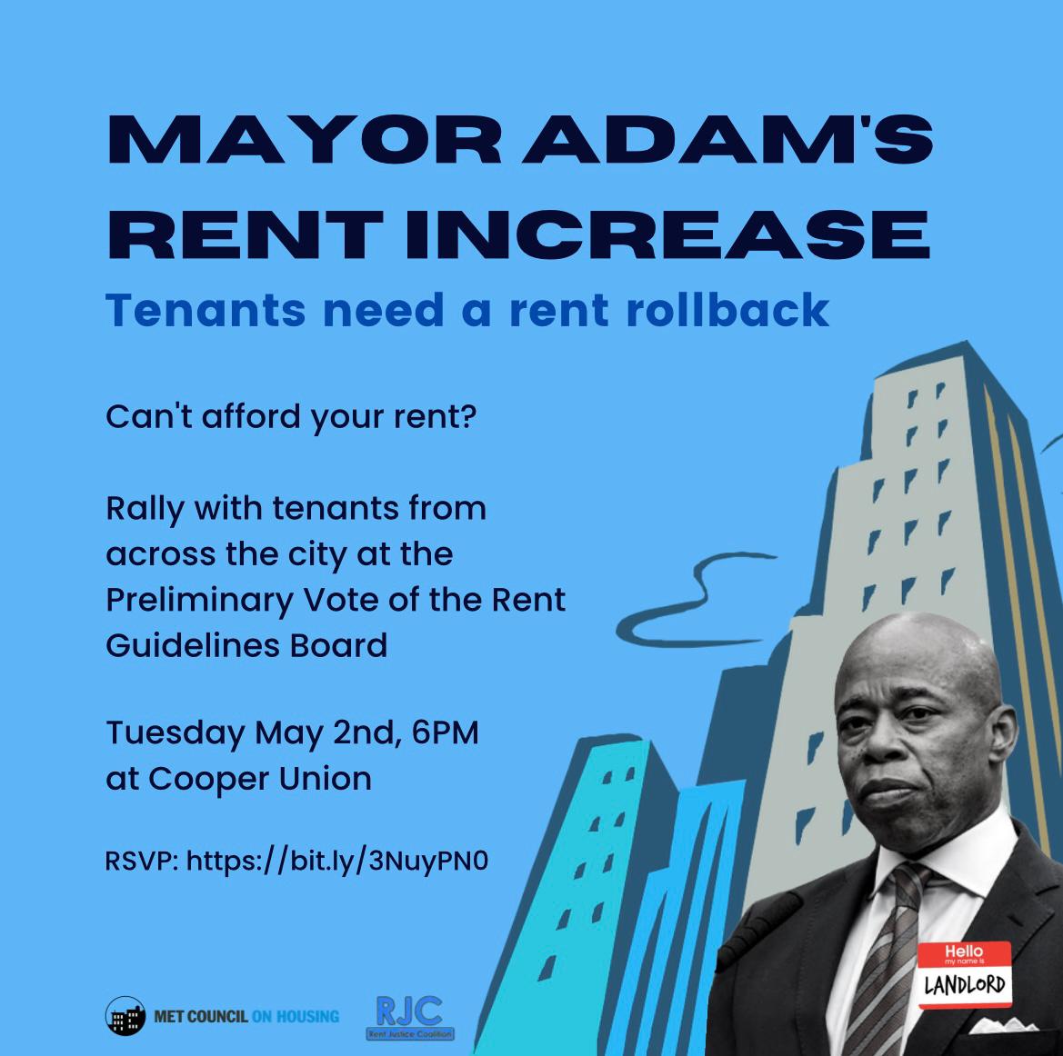 CHTenantUnion's tweet photo. TONIGHT, the RGB (the unelected city board that sets the percentage that rent is allowed to increase on all rent stabilized units every year) casts their preliminary vote, and is considering a rent increase of 16% on all rent stabilized units. We say no way! https://t.co/njM882tXHH