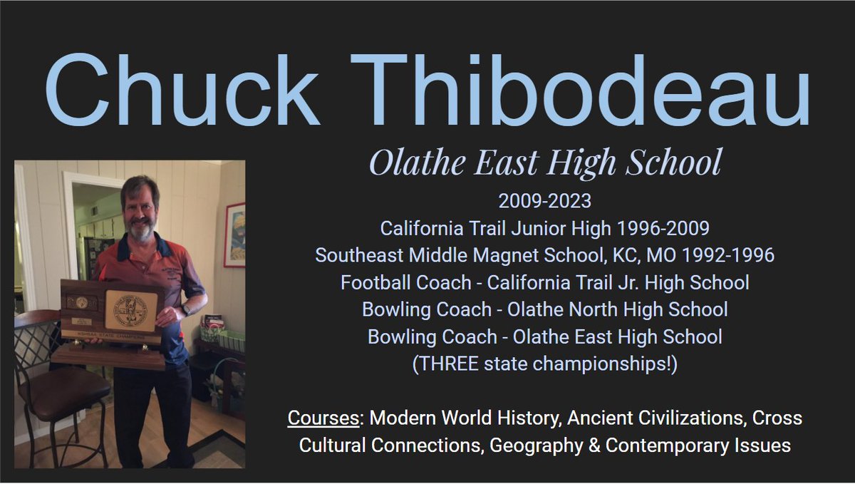 OPS Social Studies (@opssocstudies) on Twitter photo Our next 2023 OPS Social Studies RETIREMENT recognition is <a href="/OlatheEastHawks/">Olathe East High School</a> social studies teacher Mr. Chuck Thibodeau! Congratulations & best wishes, Mr. Thibodeau (2009-2023)!
Your dedication to education is admirable! <a href="/Kerry282542/">Kerry Lane</a> <a href="/OESocialStudies/">Olathe East Social Studies Department</a> <a href="/olatheschools/">Olathe Public Schools</a>🎉 Our next 2023 OPS Social Studies RETIREMENT recognition is <a href="/OlatheEastHawks/">Olathe East High School</a> social studies teacher Mr. Chuck Thibodeau! Congratulations & best wishes, Mr. Thibodeau (2009-2023)!
Your dedication to education is admirable! <a href="/Kerry282542/">Kerry Lane</a> <a href="/OESocialStudies/">Olathe East Social Studies Department</a> <a href="/olatheschools/">Olathe Public Schools</a>🎉