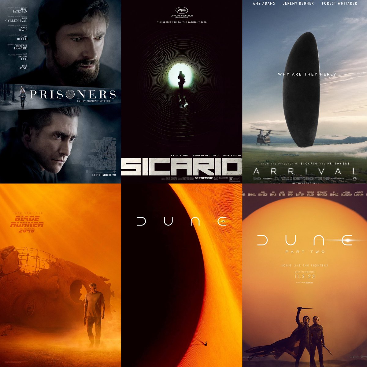 JohnnySobczak's tweet photo. Denis Villeneuve’s last six feature films

• PRISONERS (2013)

• SICARIO (2015)

• ARRIVAL (2016)

• BLADE RUNNER 2049 (2017)

• DUNE: PART ONE (2021)

• DUNE: PART TWO (2023) https://t.co/8mdcdYT9Wo