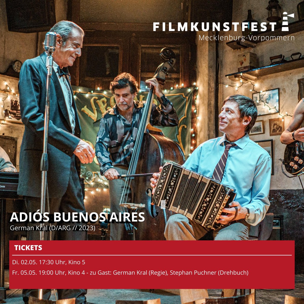 Vor kurzem noch in Beijing - jetzt in Schwerin.

ADIÓS BUENOS AIRES läuft heute und am Freitag auf dem FILMKUNSTFEST MECKLENBURG-VORPOMMERN.

An der Vorführung am Freitag werden auch Regisseur German Kral und Drehbuchautor Stephan Puchner teilnehmen.