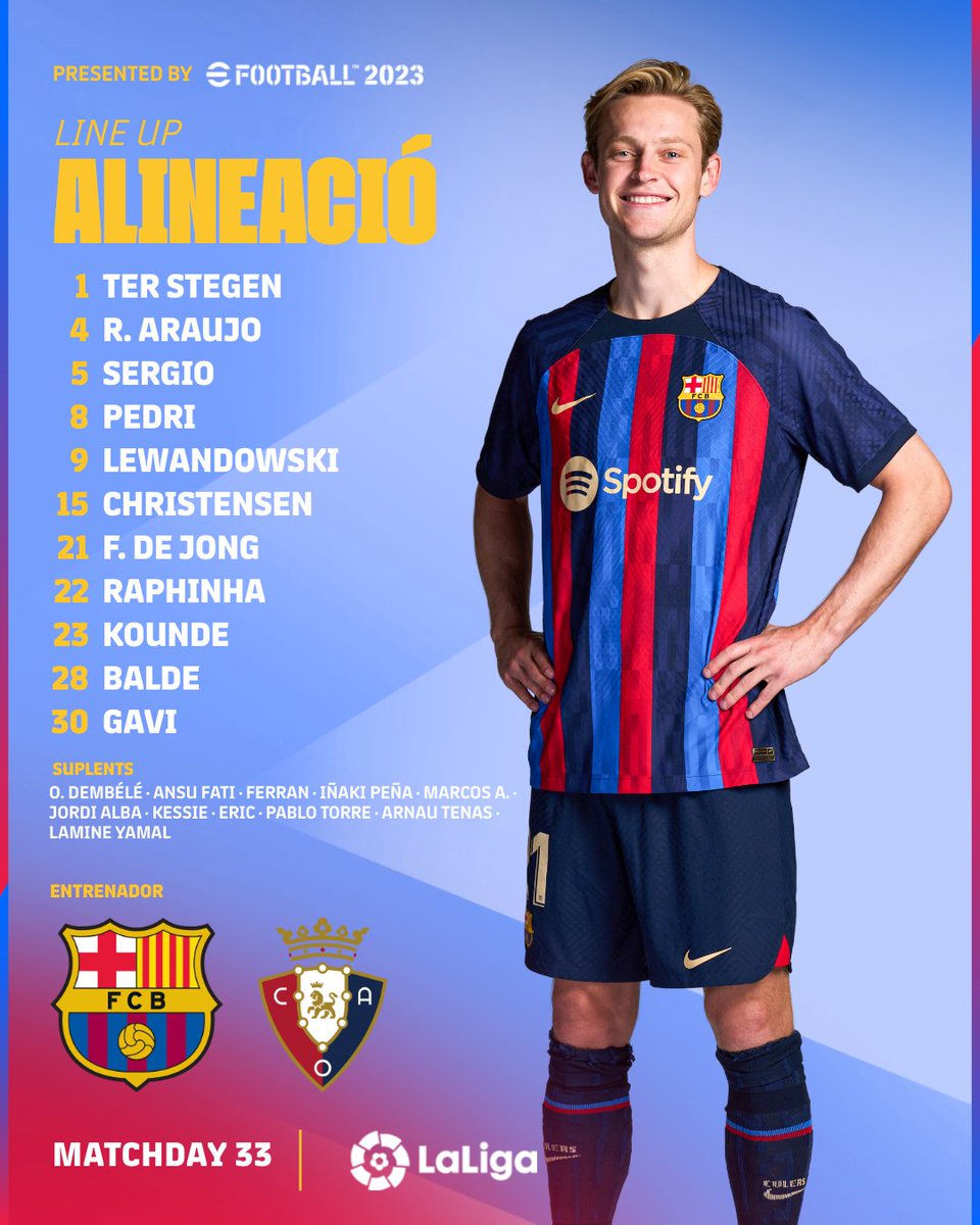 FCBarcelona_es's tweet photo. 𝐀𝐋𝐈𝐍𝐄𝐀𝐂𝐈𝐎́𝐍 🔵🔴
#BarçaOsasuna https://t.co/lHQ3s4eIft