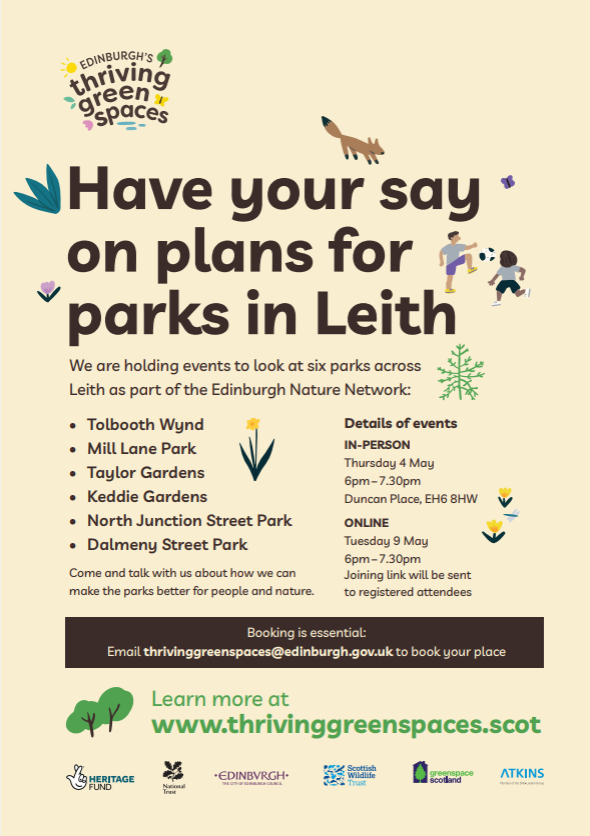 There's still time to sign up for our events on plans for parks in Leith! 🌿

 We're looking at how to make six of our parks in Leith better for people and nature. This is part of the #EdinburghNatureNetwork 

📧Booking is essential: email thrivinggreenspaces@edinburgh.gov.uk