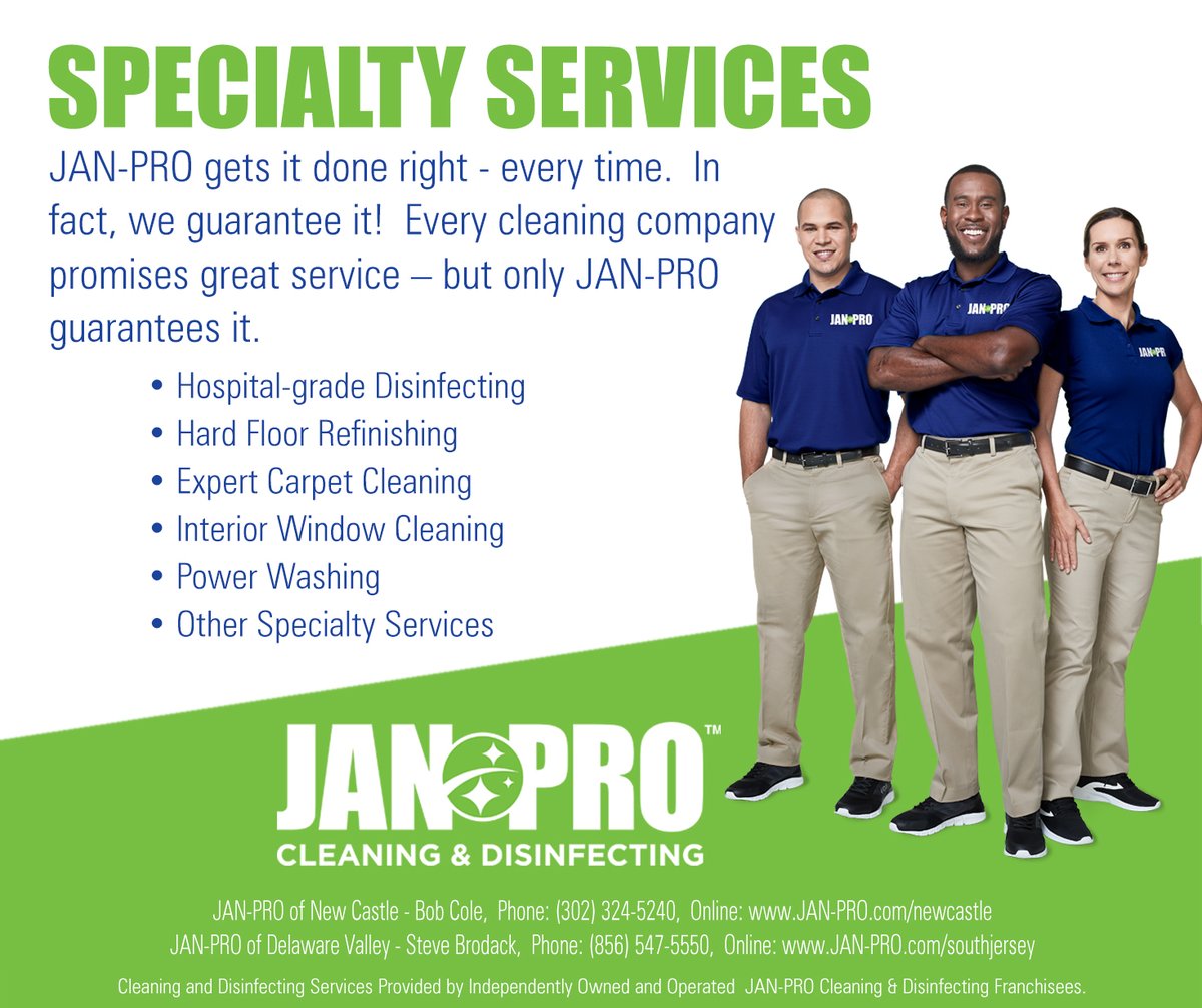 JanProDelaware's tweet photo. Specialty Services: Trust the Pros - JAN-PROs when it comes to your cleaning and disinfecting needs! Call Steve Brodack at JAN-PRO of Delaware Valley - (856) 547-5550.
#carpetcleaning #windowcleaning #floorrefinishing #disinfectant #disinfection #janpro #JANPROInternational https://t.co/owPqofW8Bv