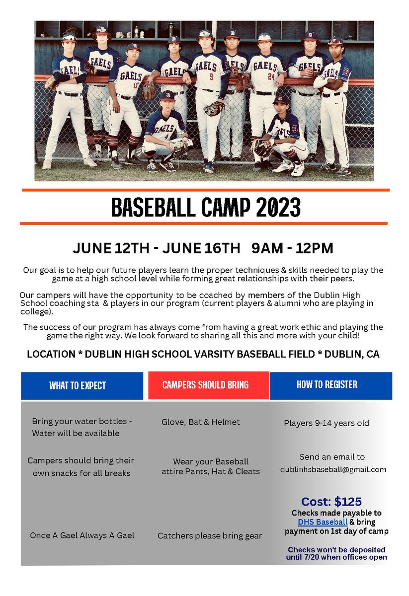 BASEBALL CAMP 2023 JUNE 12TH - JUNE 16TH 9AM - 12PM Our goal is to help our future players learn the proper techniques & skills needed to play the game at a high school level while forming great relationships with their peers. Download the signup form at bit.ly/DHSCamp
