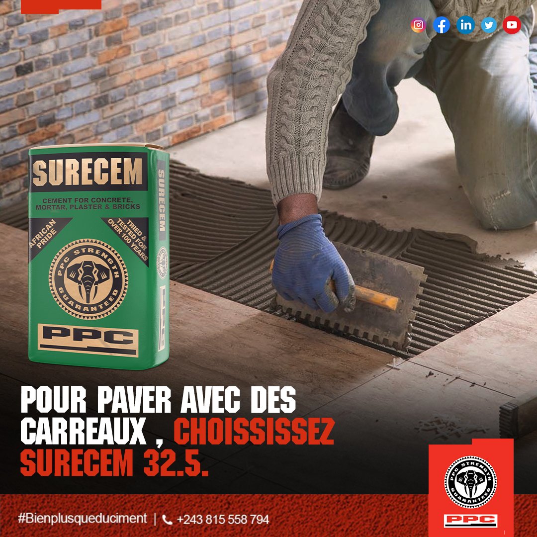 PpcProduits's tweet photo. Pour paver avec des carreaux, SURECEM 32.5 est le choix inconditionnel de durabilité et de qualité.
#Surecem #Carreaux #MeilleurProduit #Qualite #PPCProduits https://t.co/Jj9FAeak3M