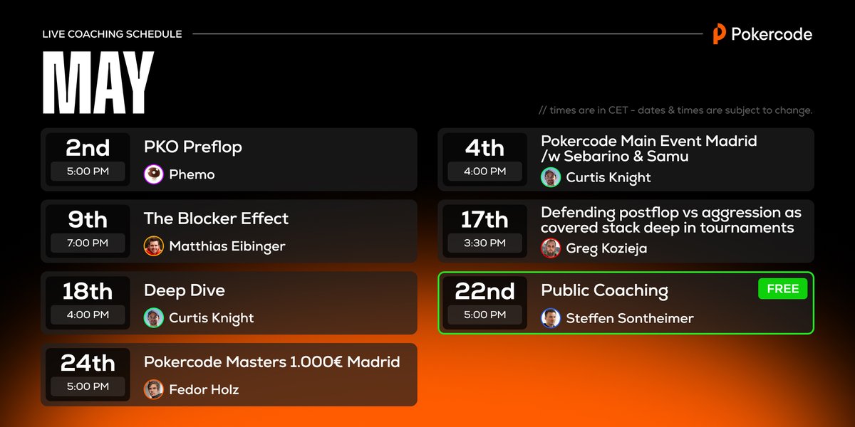 Pokercode (@_pokercode) on Twitter photo After an awesome festival, let's get back to our online grind❗
We have prepared a wide range of topics from tournament reviews during the festival, PKO and many more poker concepts.
If you don't play tournaments, coach <a href="/rungo0serun/">Steffen Sontheimer</a> will be hosting the FREE session on Twitch After an awesome festival, let's get back to our online grind❗
We have prepared a wide range of topics from tournament reviews during the festival, PKO and many more poker concepts.
If you don't play tournaments, coach <a href="/rungo0serun/">Steffen Sontheimer</a> will be hosting the FREE session on Twitch