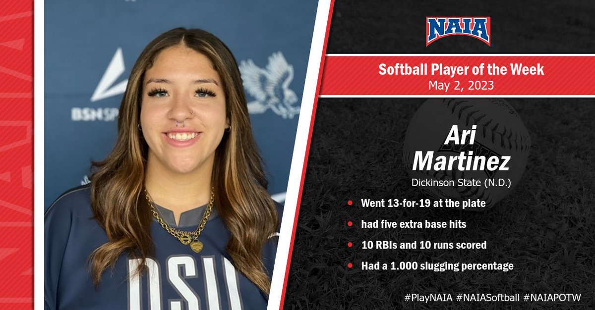 🥎|

Ari Martinez of <a href="/dsubluehawks/">DSU Blue Hawks</a> has been named #NAIASoftball #NAIAPOTW following an outstanding performance at the plate as DSU went 5-0 for the week.

Read More - bit.ly/40XNwLC

#PlayNAIA #collegesoftball