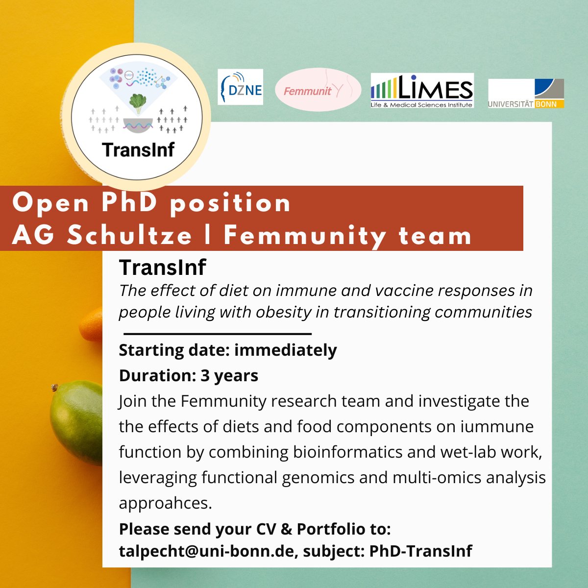 Tal Pecht (Ph.D.) 💔 (@immunotal) on Twitter photo #PhDposition <a href="/LabSchultze/">Schultze Lab</a> <a href="/LIMES_Bonn/">LIMES Institute Bonn</a> @DZNE_en
Join my #Femmunity research team to study the effects of #traditionaldiet on the #immunesystem & many more fascinating projects focused on #femaleimmunity & #immunesexdifferences.
More info here>> bit.ly/transinf_phd 🥣👩🔬👨🔬📊 #PhDposition <a href="/LabSchultze/">Schultze Lab</a> <a href="/LIMES_Bonn/">LIMES Institute Bonn</a> @DZNE_en
Join my #Femmunity research team to study the effects of #traditionaldiet on the #immunesystem & many more fascinating projects focused on #femaleimmunity & #immunesexdifferences.
More info here>> bit.ly/transinf_phd 🥣👩🔬👨🔬📊