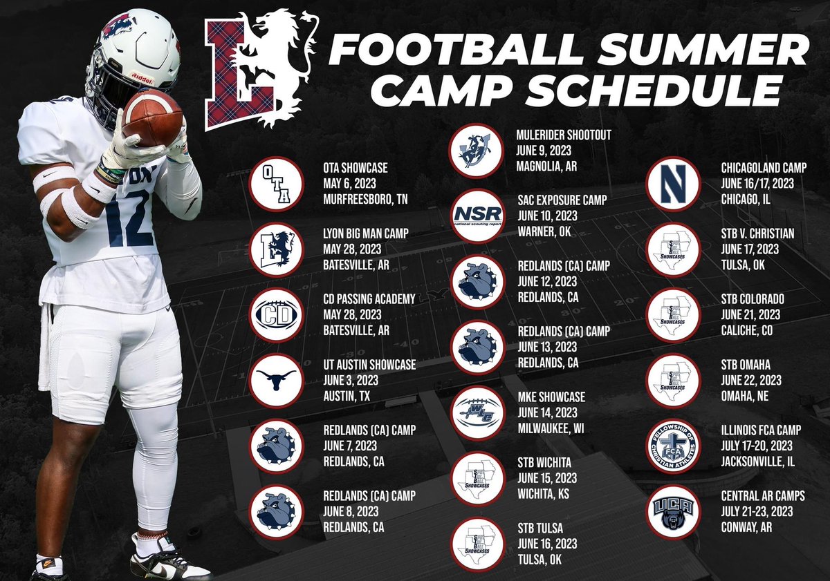 Let's go camping this summer 🏕️ Make sure to look our for our Lyon Football Coaches at the following camps!!! #LyonWay🛡️ #DayByDay🕑 #FastAndFurious🏎️