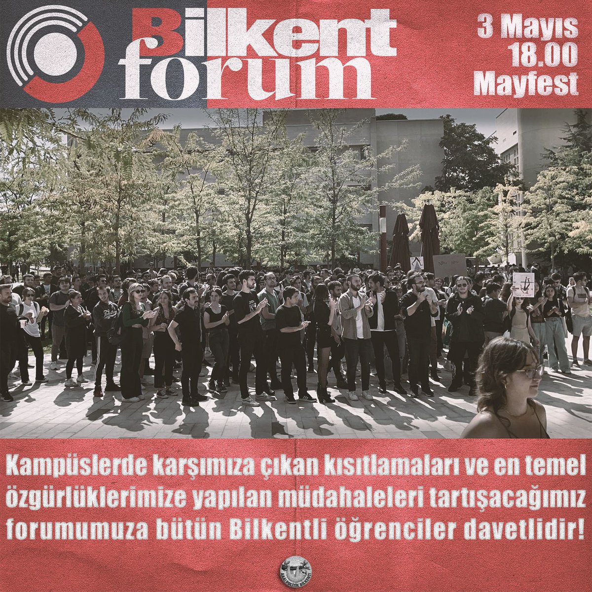 Kampüsümüzde karşımıza çıkan Dumansız Kampüs Projesini, şenliğimizin elimizden alınmasını, yapılan zamlarla ekonomik krizin faturasının bize kesilmesini ve en temel özgürlüklerimize yapılan müdahaleleri tartışmak için yarın forumda buluşuyoruz!

🗓️ 3 Mayıs
🕖 18.00
📍 Mayfest