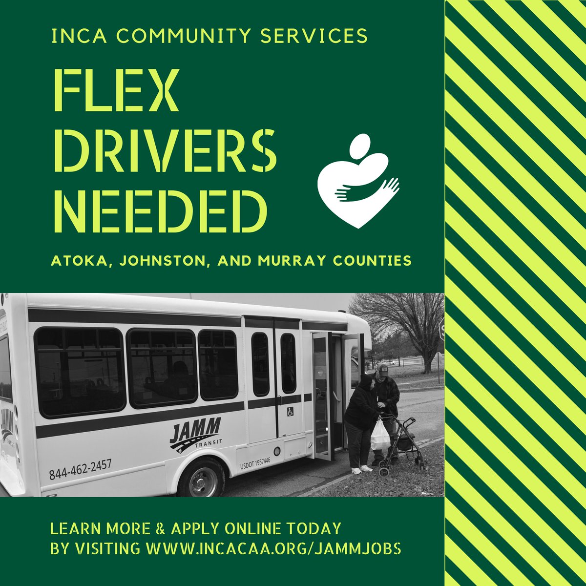 INCAcommaction's tweet photo. @JAMM Transit - INCA Community Services is looking for flex drivers to come JAMM with us! If you are interested driving to help our community, then come join the JAMM team. Learn more and apply online TODAY! https://t.co/5UZBdrg3Ev