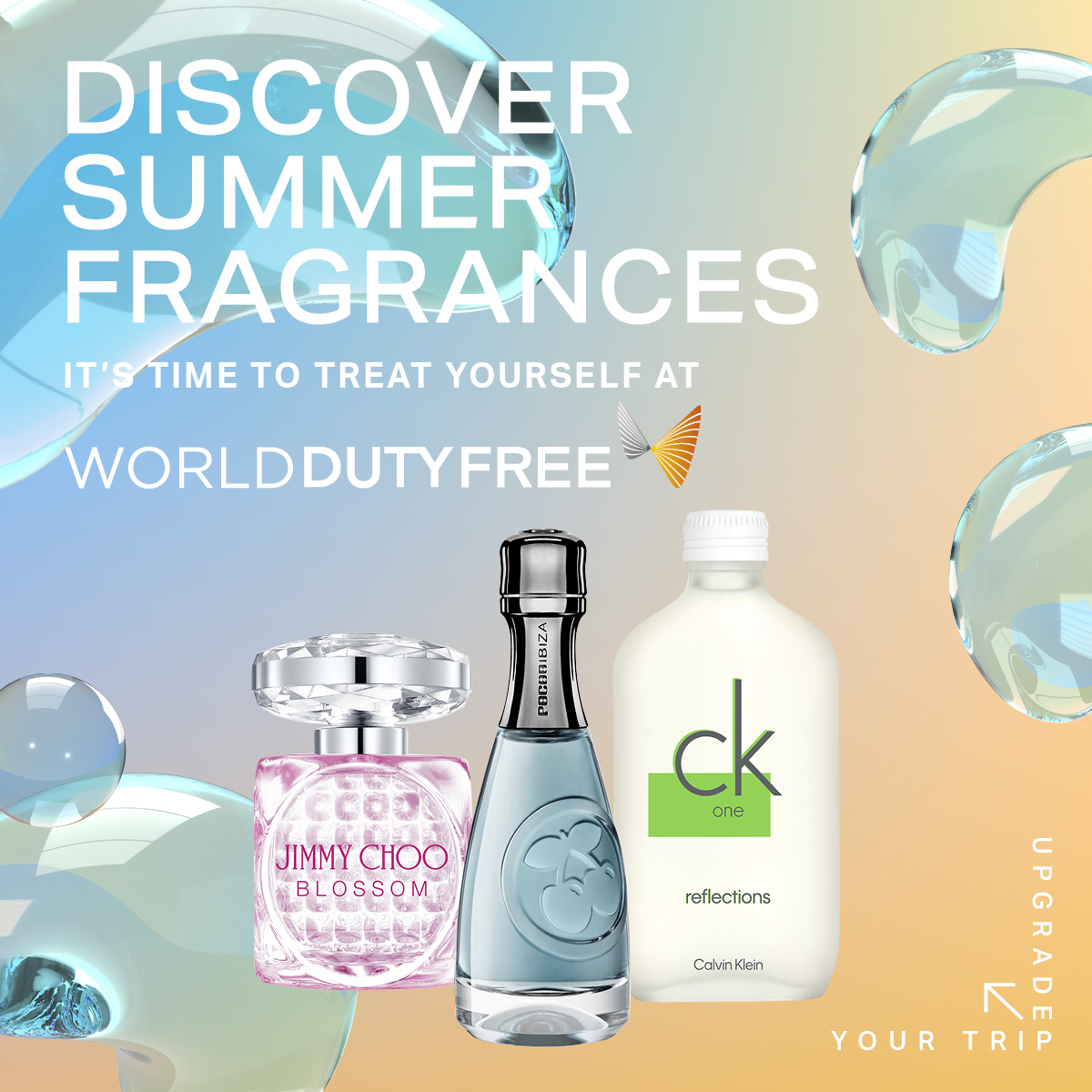 3 fragrance bottles which are available to purchase in World Duty Free placed on a blue and orange backdrop. 