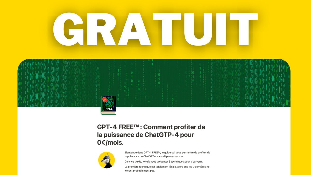 ChatGPT-4 est 10 fois meilleur que ChatGPT-3,

Mais, il faut payer 24$/mois !

J'ai trouvé 3 techniques pour y avoir accès pour 0€/mois :

Tuto GRATUIT pendant 48h !

Pour le recevoir en DM, il suffit de :

- Me follow 
<a href="/VChambraud/">Valentin Chambraud</a>
- RT ce tweet
- Commenter "FREE"