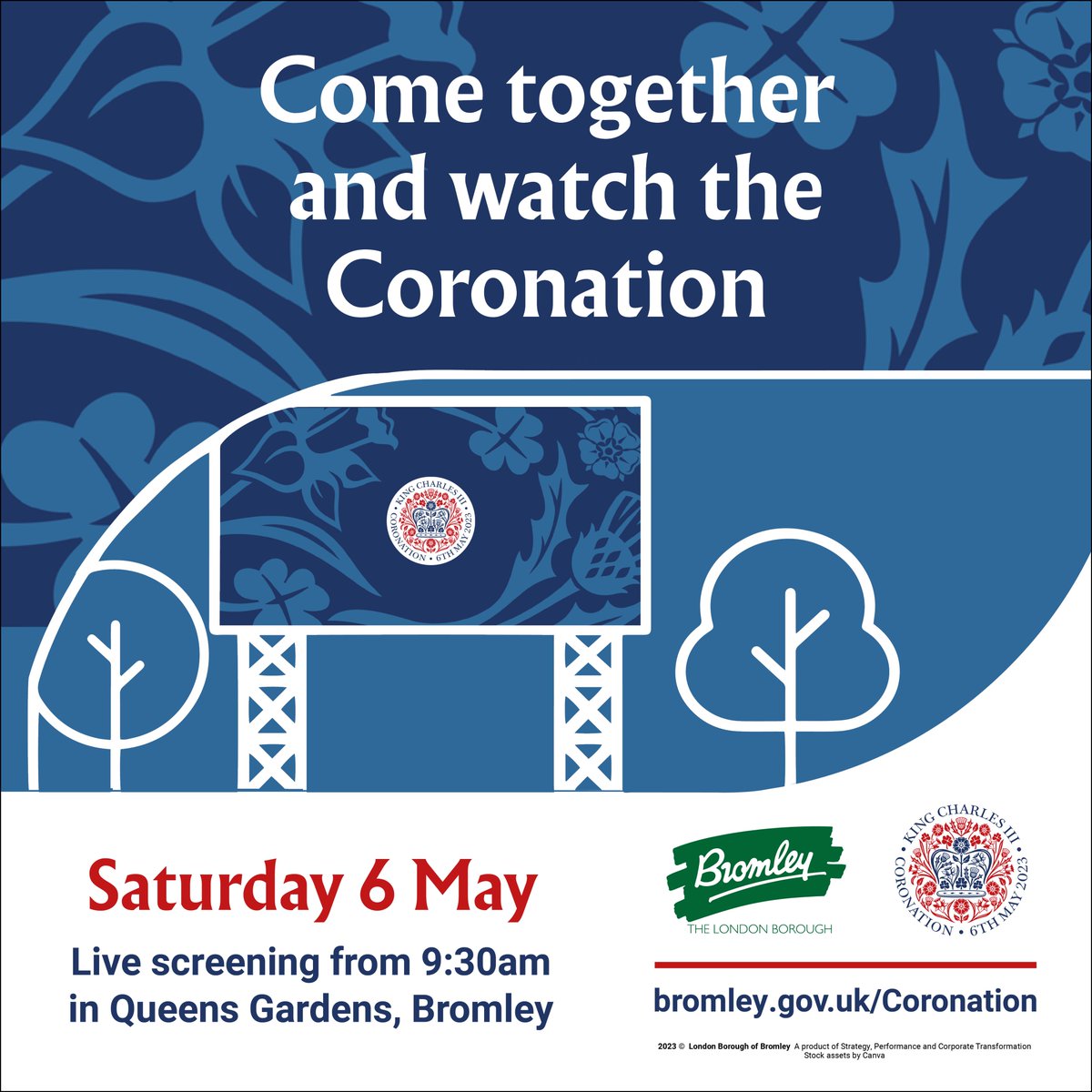 Enjoy watching the #Coronation in #Bromley at Queens Gardens in the town centre. 
Bring a picnic along with your family and friends, with screening starting at 9:30am on Saturday and family activities also available. bromley.gov.uk/Coronation