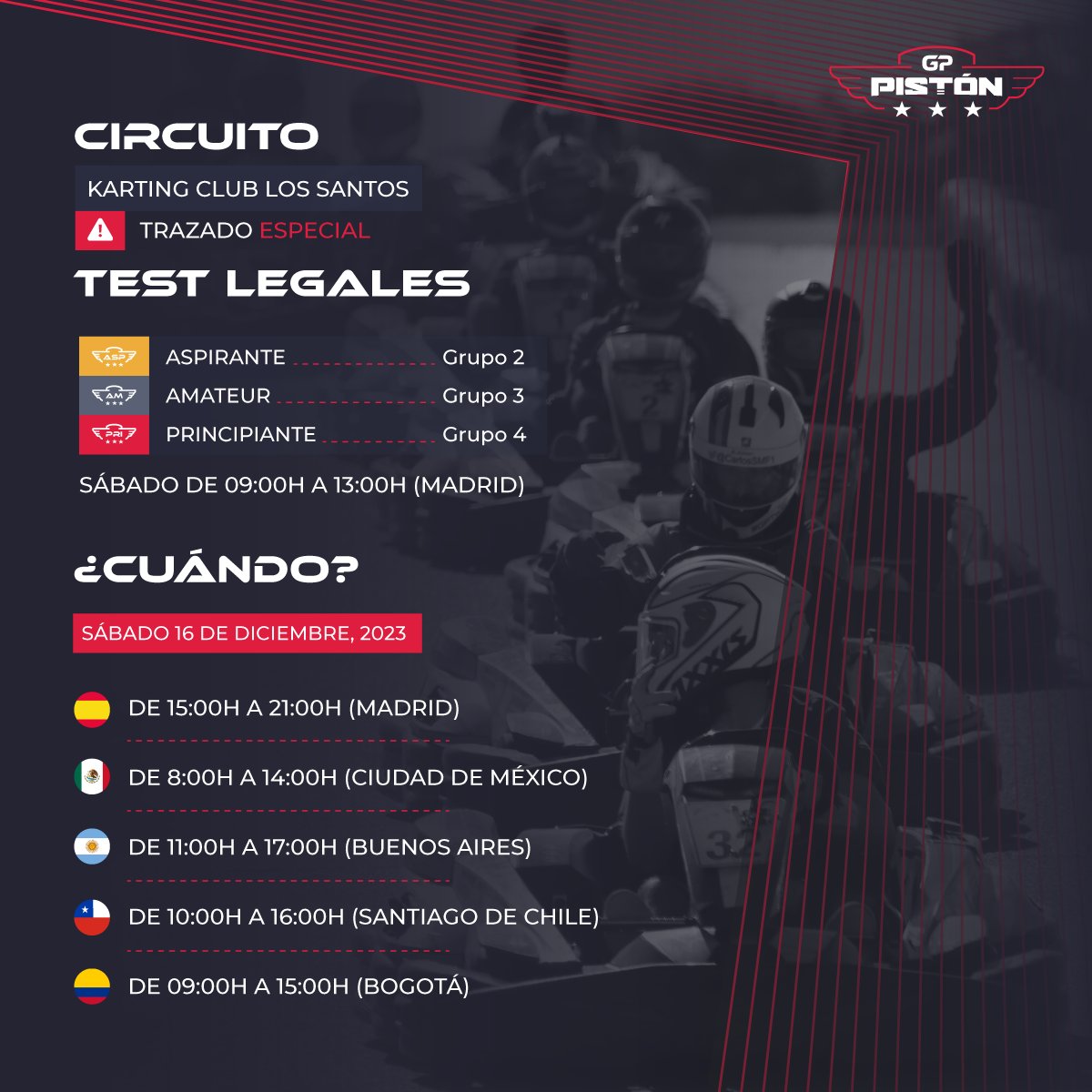 GPPiston's tweet photo. ESCENARIO Y HORARIOS 🧭🗓️

Volvemos a Karting Club Los Santos, pero ¡OJO! 👀

TRAZADO ESPECIAL diseñado única y exclusivamente para el GP Pistón🏆

Todos los pilotos de Grupos 2, 3 y 4 podrán practicar la mañana del evento. Grupo 1, vetado⛔️

Horarios adaptados para LATAM🇲🇽🇦🇷🇨🇱🇨🇴 https://t.co/lKLzHe8140