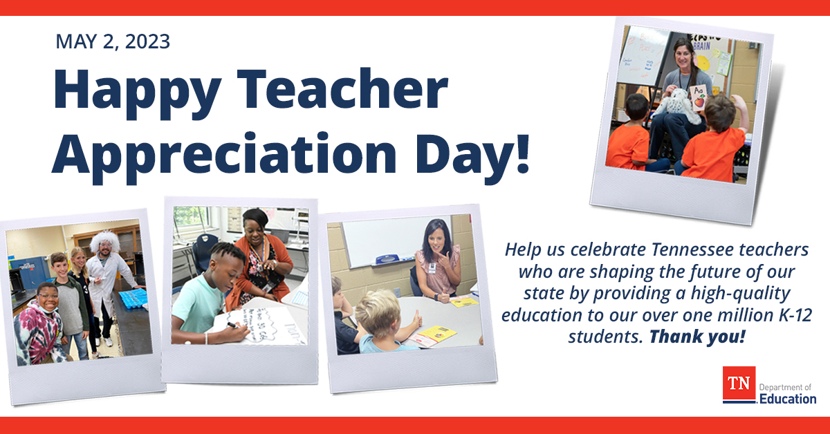 Happy Teacher Appreciation Day! As a state, we are grateful to our 70,000+ teachers who go above and beyond the call of duty to support students across the state every day! Thank you, Tennessee teachers! #TNSupportsTeachers