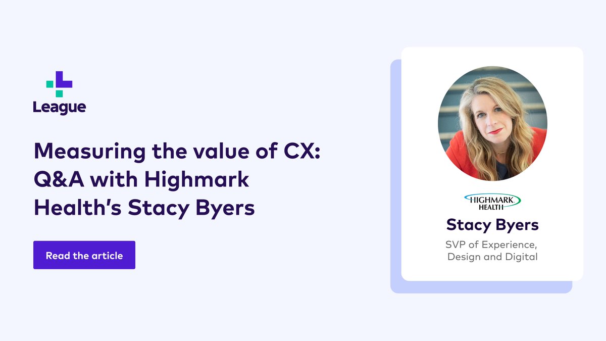 League (@joinleague) on Twitter photo For nearly five years, @Highmark Health's Stacy Byers has been determining the dollar-for-dollar value of transforming CX and mapping it to business objectives. Here is a look at what she's learned ➡️ bit.ly/40YFiTN <a href="/ImpulseByers/">Stacy Byers</a>
#HealthcareCX #HealthcareTransformation For nearly five years, @Highmark Health's Stacy Byers has been determining the dollar-for-dollar value of transforming CX and mapping it to business objectives. Here is a look at what she's learned ➡️ bit.ly/40YFiTN <a href="/ImpulseByers/">Stacy Byers</a>
#HealthcareCX #HealthcareTransformation