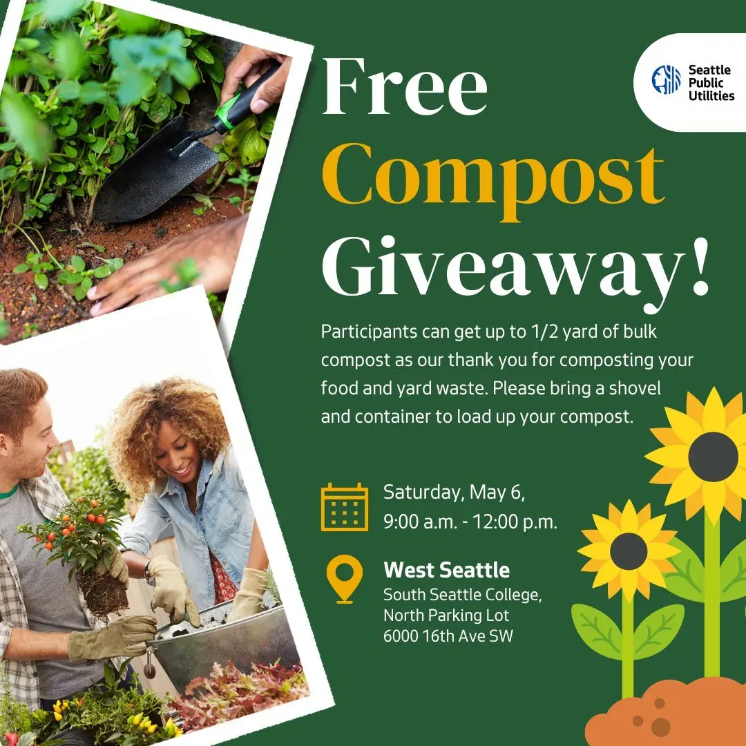 AlkiSurfShop's tweet photo. Happy #CompostMonth! ๐ฑ @SeattleSPU is kicking off this month by giving away FREE compost May 6, 9โ12PM at SSC.
Be sure to bring your own shovel, container & come earlyโlast time we ran out by 11AM. (THX for composting your food & yard waste) #compost #free RT @westseattleblog https://t.co/v13whpE8Io