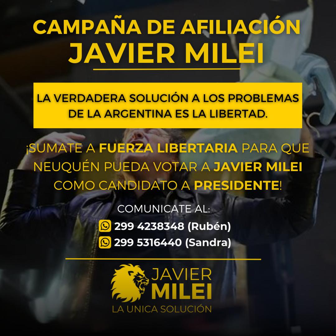 FuerzaLibCente's tweet photo. 🦁 ¡AFILIATE AL PARTIDO DE JAVIER MILEI! 🦁

¡Sumate a FUERZA LIBERTARIA, para que Neuquén pueda votar a JAVIER MILEI como candidato a presidente! 🇦🇷🐍

👉🏻 Comunícate a los números:
• 2994238348 (Rubén)
• 2995316440 (Sandra)

¡VLLC! 🇦🇷

🦁 | Javier MILEI - LA ÚNICA SOLUCIÓN https://t.co/uAp4BxUNHm
