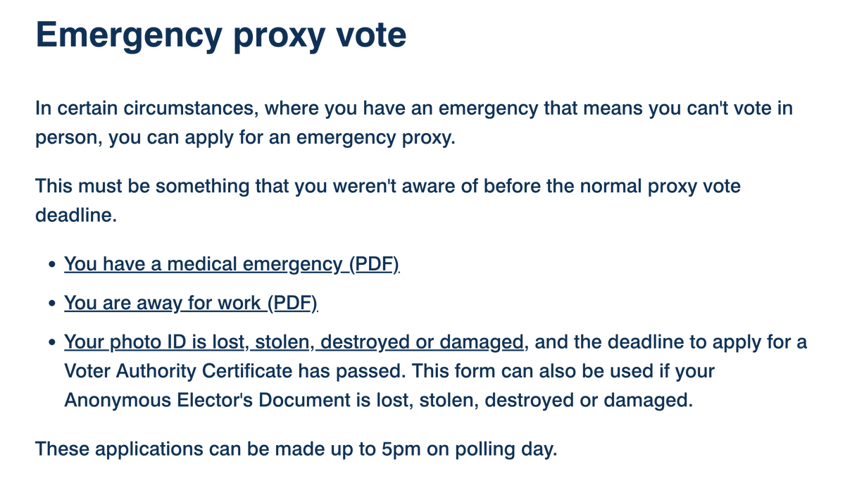 VOTER ID INFORMATION

The Tories brought in voter ID because they believe Tory voters are more likely to have a passport or driving licence - so cynical.

Apply for an emergency proxy right up to 5pm on polling day.

Beat them at their own game and VOTE!

electoralcommission.org.uk/i-am-a/voter/a…
