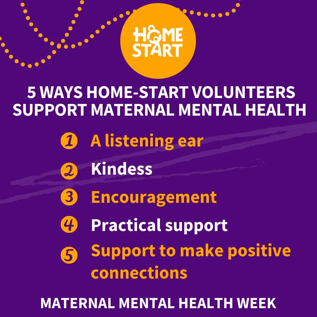 Home-Start supports mums facing mental health challenges in the perinatal period. Our skilled staff and trained volunteers are there for all the affected family, because we are stronger together. 
Here are some of the ways our amazing volunteers support families #HomeStartSupport