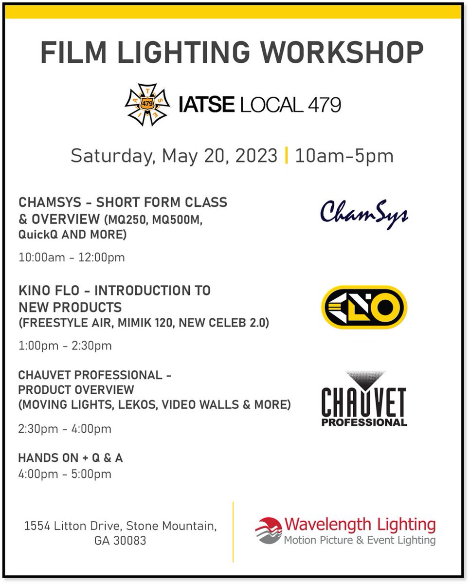 Register for a FREE film lighting workshop hosted at our facility on Saturday, May 20th to learn from the experts at Kino Flo, Chauvet Professional, and Chamsys! Register HERE: forms.gle/BPN7GjFRFvNqoH…
