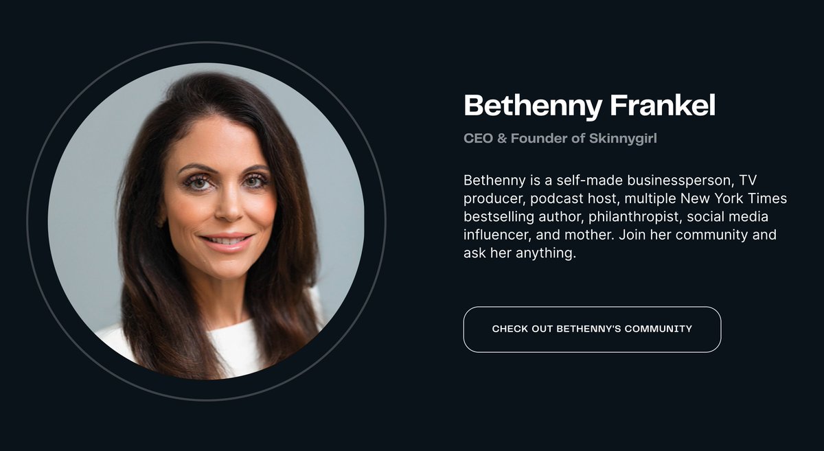 I'm so excited to announce @Bethenny is now LIVE on @chatforfive . We're honored to have such an accomplished entrepreneur, investor, influencer AND expert on the platform. Get direct access to 'B' by joining her private community 👉 five.me/bethenny