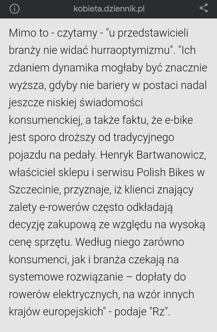 DawSal's tweet image. #Anecdata więcej elektryków widzę wśród ludzi jeżdżących rekreacyjnie niż komunikacyjnie. Wiadomo że branża chętnie przytuli publ. pieniądze, ale te chyba w pierwszej kolejności trzeba dać na infrastrukturę, by dało się wygodnie jeździć do pracy czy zakupy kobieta.dziennik.pl/aktualnosci/ar…