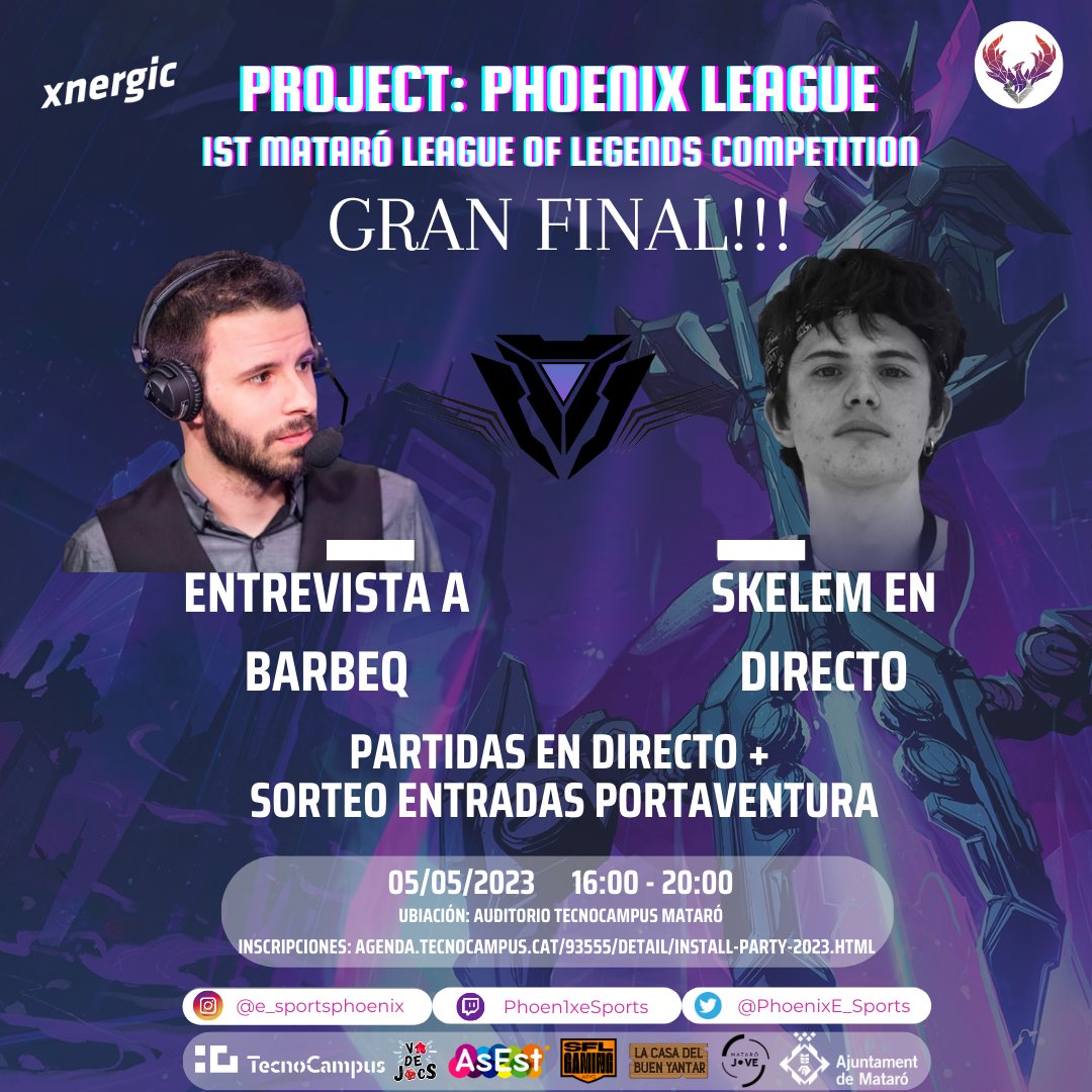 Ya tenemos aquí la PRIMERA GRAN FINAL DE LA LIGA OFICIAL DE LOL EN MATARÓ, la Project Phoenix League (PPL) 
Os esperamos este viernes 5 de mayo a las 16 h
📍 Auditorio Tecnocampus Mataró

Os podéis inscribir de forma gratuita en 👇
🌐 AGENDA.TECNOCAMPUS.CAT/93555/DETAIL/I… y en nuestra bio