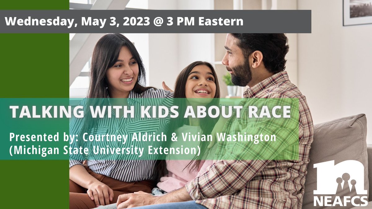 Register NOW for this members-only webinar tomorrow! Talking With Kids About Race presented by Michigan State University Extension professionals Courtney Aldrich and Vivian Washington.
NEAFCS Members: to register visit neafcs.org/webinars
#diversity #webinar #memberbenefits