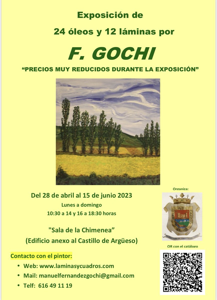 La #SalaDeLaChimenea, anexa al Castillo, acoge la exposición de óleos y láminas del artista asturiano F. Gochi. El acceso es libre y se podrá visitar hasta el 15 de junio. Te esperamos! #CastilloDeArgüeso #ExposiciónDeArte #ManuelFernándezGochi #ÓleosYLáminas #EntradaLibre