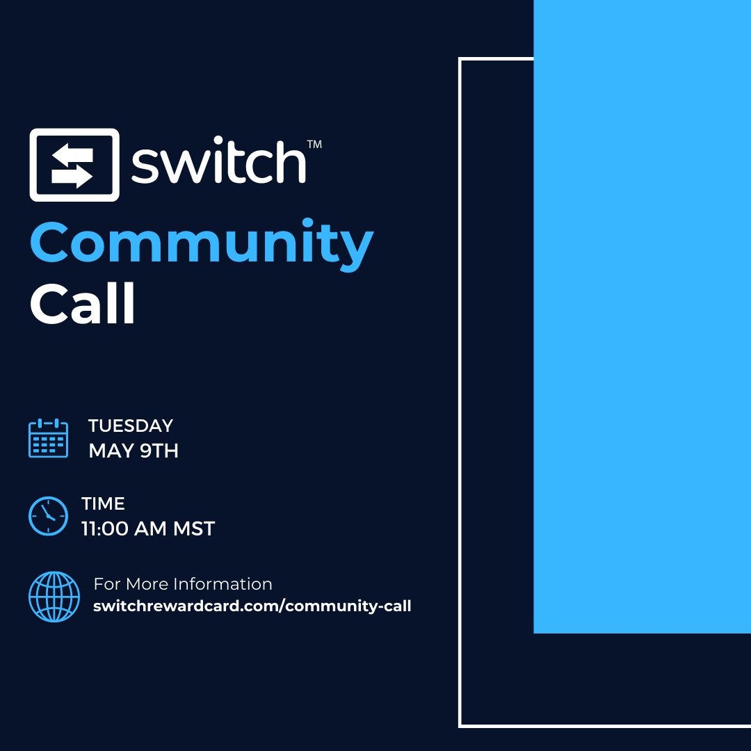 switch_rewards's tweet image. Join us next week on Tuesday, May 9th, at 11:00 AM MST for our next Switch Community Call. Watch our previous calls using the link below:
switchrewardcard.com/community-call

#blockchain #switchblockchain #switchrewardcard #fintech #crypto #switchcard #blockchain #btc #eth #ethereum #bitcoin