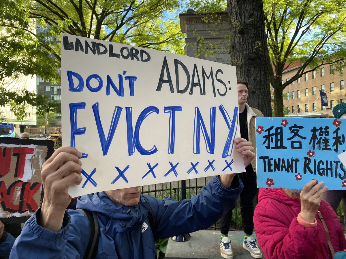 NYWFP's tweet photo. NOW: Tenants, activists, and elected officials are protesting outside the Rent Guidelines Board meeting where the Board will take a preliminary vote on an outrageous rent increase up to 16%. Working New Yorkers cannot afford a rent hike! https://t.co/Dh8rnpFE7A