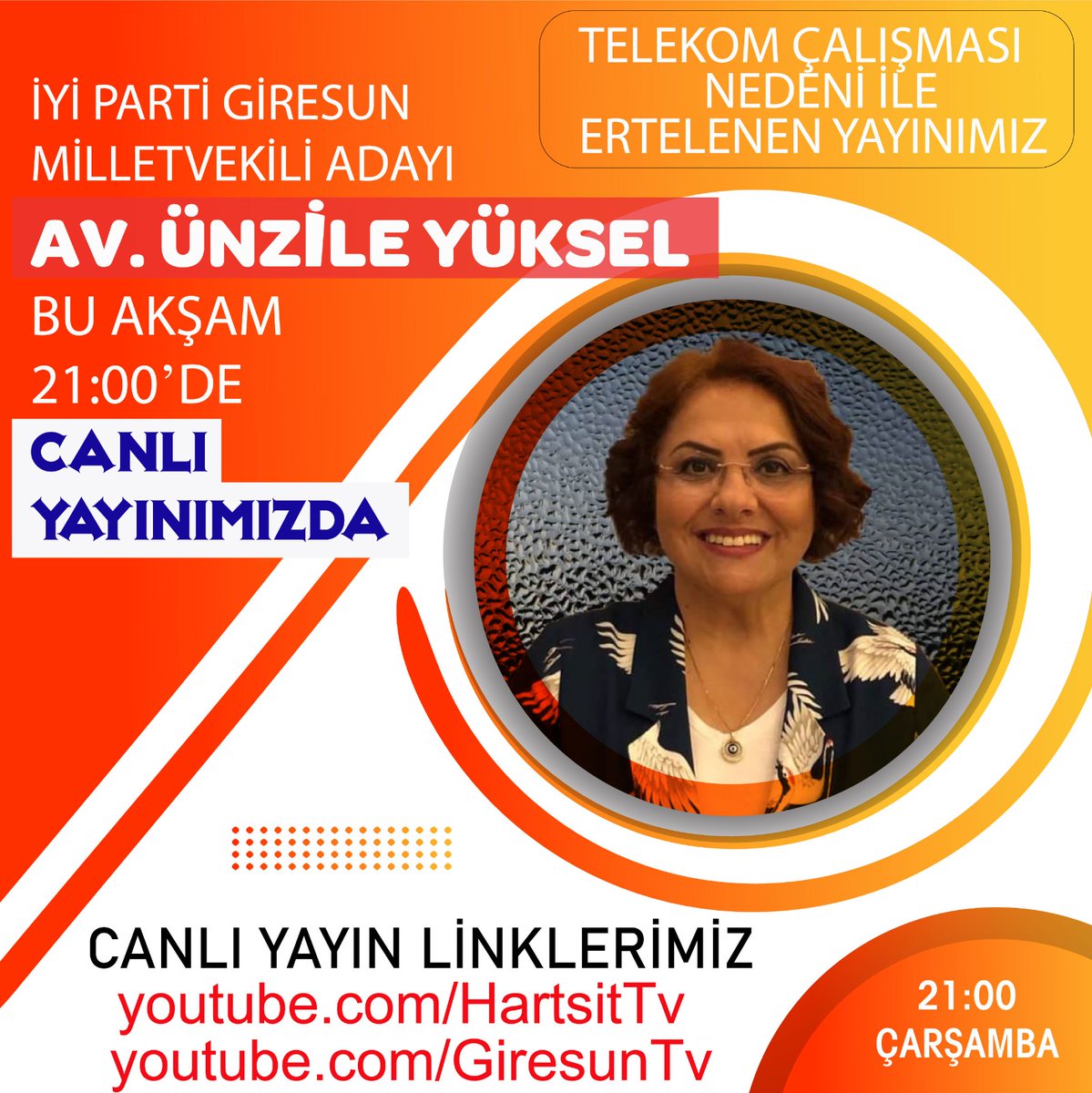 Telekom Çalışması nedeniyle ertelemek zorunda kaldığımız canlı yayınımız bu akşam saat 21:00'de Harşit Tv ve Giresun TV YouTube kanalımızda. Canlı yayınımıza katılarak sorularınızı sorabilir ve merak ettiğiniz tüm konuları yayınımız esnasında mesaj göndererek öğrenebilirsiniz.