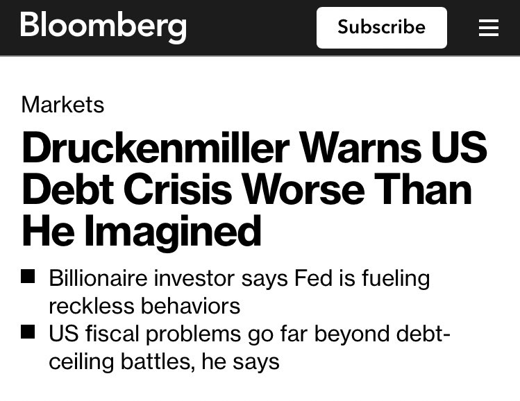WallStreetMav's tweet photo. “all this focus on the debt ceiling instead of the future fiscal issue is like sitting on the beach at Santa Monica worrying about whether a 30-foot wave will damage the pier when you know there’s a 200-foot tsunami just 10 miles out.”

-- Stanley Druckenmiller https://t.co/CpjjX9t1eL