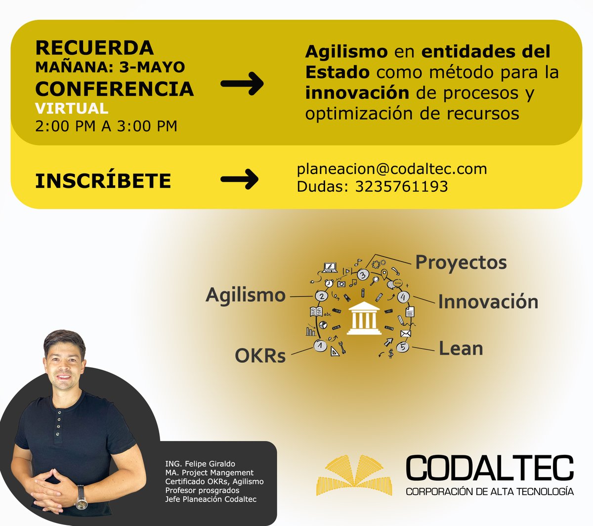 Codaltec's tweet photo. ¿Quieres conocer cómo las entidades del Estado están innovando y optimizando sus procesos? ¡Inscríbete en nuestro #Eventovirtual sobre Agilismo en el Estado! 

Mañana, 3 de mayo, a las 2:00pm. Separa tu cupo aquí: https://t.co/vYyQDPmQiE

#Codaltec2023 https://t.co/DmyRRT22Vt