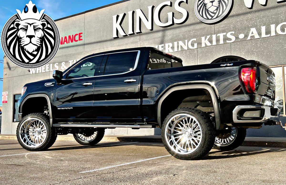 2021 GMC Sierra with 9” McGaughy lift, on 24X14 Forged HD Pro Sentry, and all wrapped up up in 12 ply 35X12.50R24 Versatyre M/T!! #KingsWheels2 #SuspensionSpecialists #GMC #Sierra #McGaughys #HDProForged #ForgedWheels #24X14 #Versatyre #LiftedTrucks #MudTires #Texas #Dallas