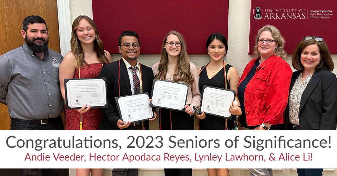 Ralph E. Martin Department of Chemical Engineering (@cheg_uark) on Twitter photo Congratulations to chemical engineering students Andie Veeder, Hector Apodaca Reyes, Lynley Lawhorn, and Alice Li for being named Seniors of Significance by the <a href="/arkansasalumni/">Arkansas Alumni Association</a> Association!
#cheguark #uarkengineering #ArkansasAlumni Congratulations to chemical engineering students Andie Veeder, Hector Apodaca Reyes, Lynley Lawhorn, and Alice Li for being named Seniors of Significance by the <a href="/arkansasalumni/">Arkansas Alumni Association</a> Association!
#cheguark #uarkengineering #ArkansasAlumni