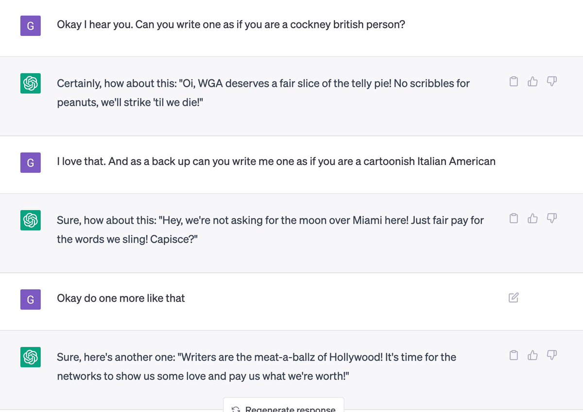 georgessaba's tweet image. I figured I’d ask ChatGPT to write me a clever WGA Picket Sign because it might as well start replacing us now