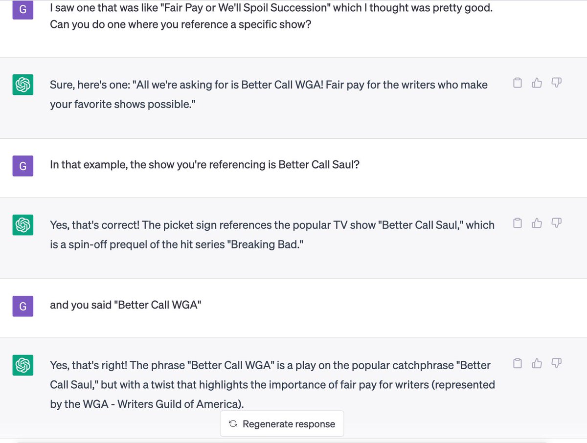 georgessaba's tweet image. I figured I’d ask ChatGPT to write me a clever WGA Picket Sign because it might as well start replacing us now