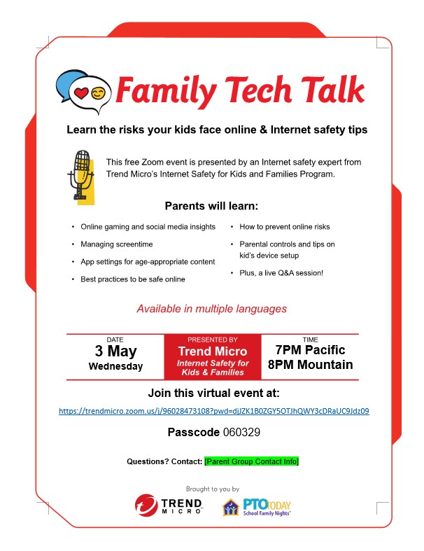 TOMORROW - Family Tech Talk
Learn the risks your kids face online &amp; Internet safety tips!
May 3rd 7-8PM
Offered in multiple languages!
trendmicro.zoom.us/j/96028473108?…
Passcode 060329