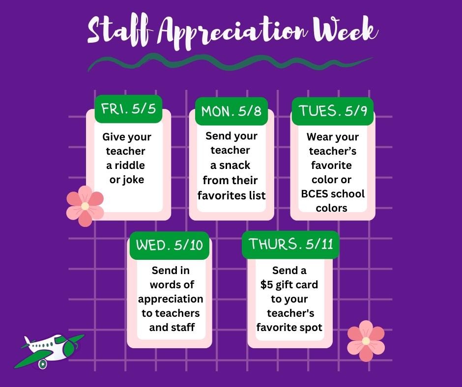 Let's celebrate our incredible <a href="/BrierCreekES/">Brier Creek Elem.</a> teachers and staff during Staff Appreciation week this Friday- Thursday! Below are some suggestions to express thanks 💚💜