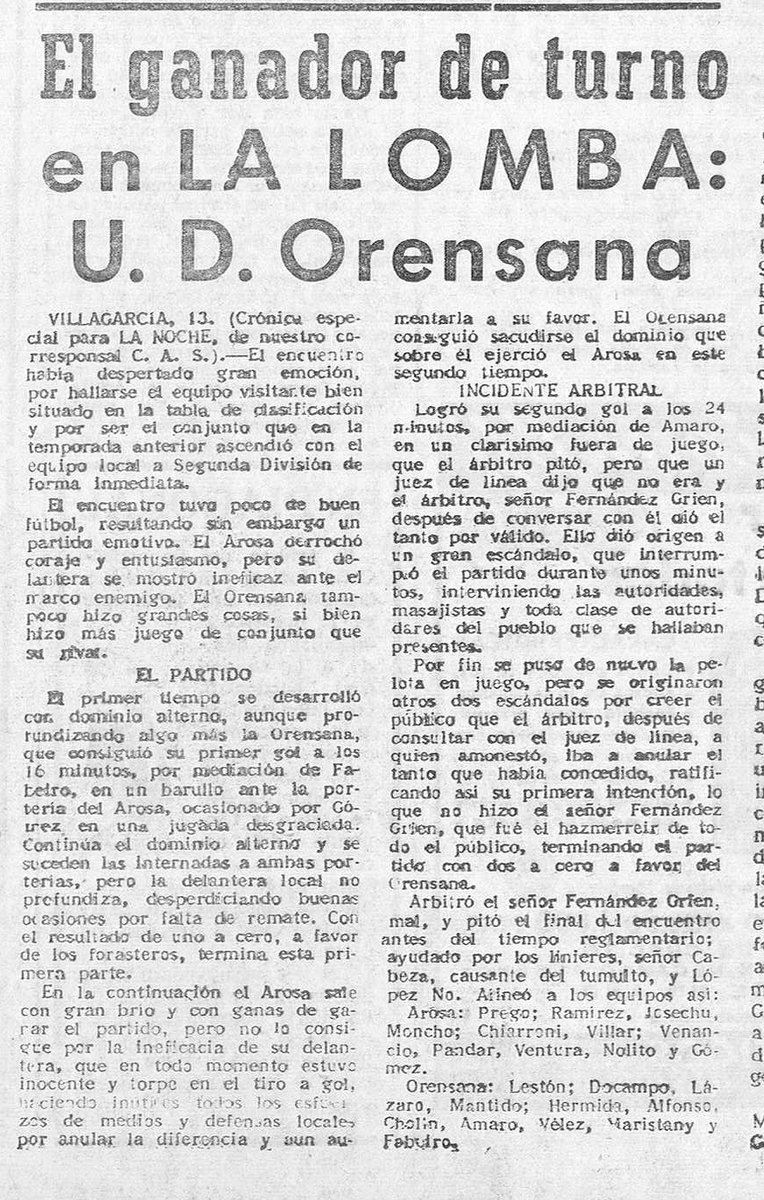 madialevo's tweet photo. O domingo 13 de novembro de 1949 foi a única vez que a Unión Deportiva Orensana e o Arosa SC disputaron un partido de Segunda división no campo da Lomba. Os arousáns só tiveron unha participación na categoría. O partido rematou cun 0-2 para os de Ourense.

La Noche, 14/11/1949 https://t.co/j2TMQ09Gjs