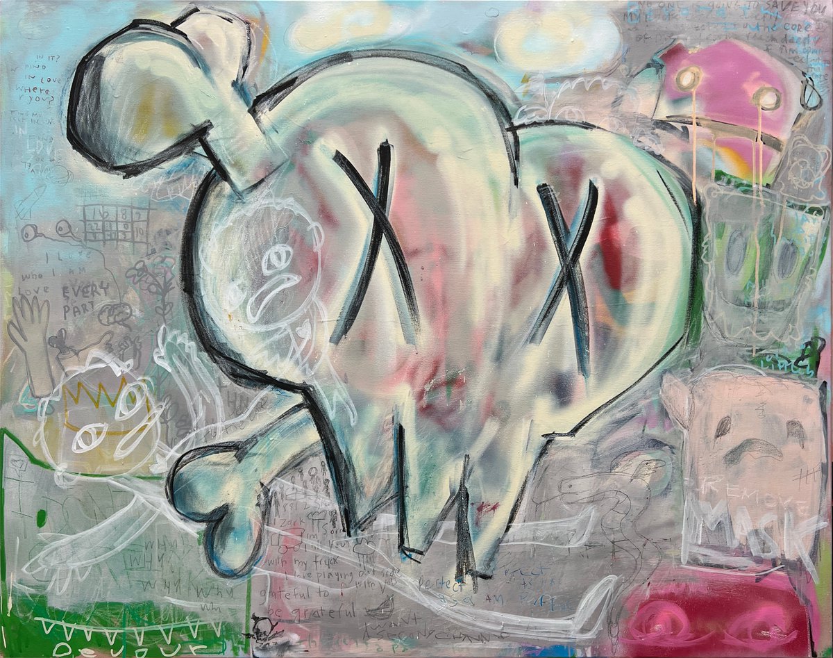 ( X__X )ﾉ” ︵
                       ♡

1:1 auction alert on Tezos.
in 1.5 hours.
Heart You is part of Season 8 of #PeopleofTezos curated by <a href="/Pierreo01/">Pierro Peopleof.tez</a> 

Owner can request the original painting.
4' x 3' oil, acrylic, graphite, spray paint on canvas.

All links below.