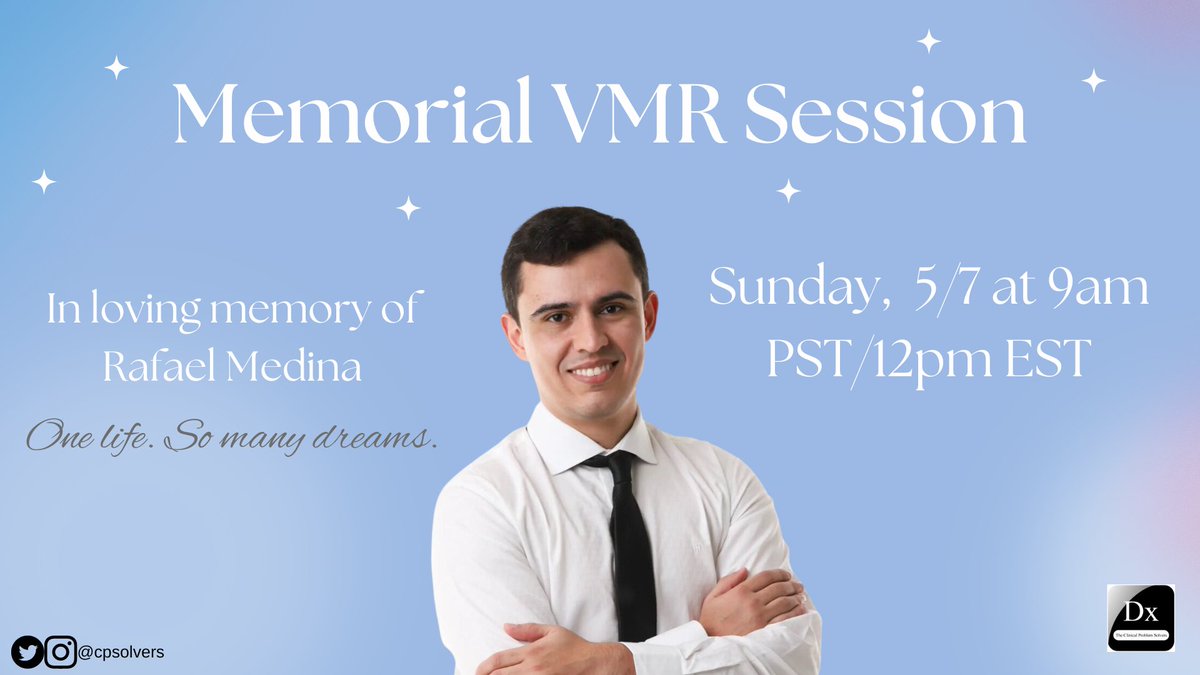 The Clinical Problem Solvers (@cpsolvers) on Twitter photo Please join us for a Memorial VMR, honoring the life of our beloved friend, <a href="/Rafameed/">Rafael Medina</a>. The event will be on Sunday, 5/7, at 12pm EST/9am PST.
Sign up here: bit.ly/31LWIKg Please join us for a Memorial VMR, honoring the life of our beloved friend, <a href="/Rafameed/">Rafael Medina</a>. The event will be on Sunday, 5/7, at 12pm EST/9am PST.
Sign up here: bit.ly/31LWIKg